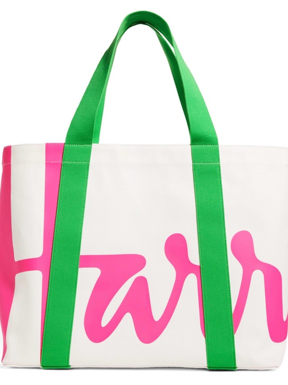 Harrods White Tote with Pink Script and Green Handles - Picture 3 of 5